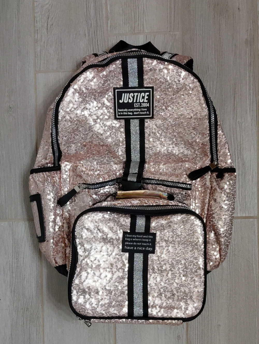 Justice Rose Gold Sequin Backpack & Lunch Tote